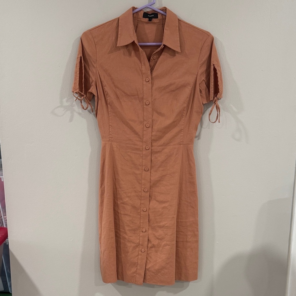 Theory Button-Up clay colored crinkle wash linen blend Mini Dress